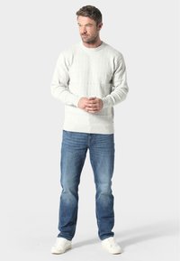 Jasnoszary sweter o teksturowanym wzorze z prążkowanym wykończeniem i okrągłym dekoltem, w połączeniu z niebieskimi dżinsami i białymi trampkami, stojący na jednolitym tle.