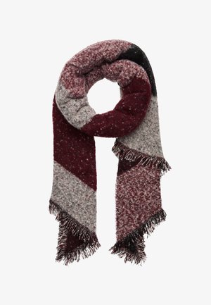 Écharpe en maille épaisse avec blocs de couleurs diagonaux en bordeaux, gris et noir, avec des extrémités à franges.