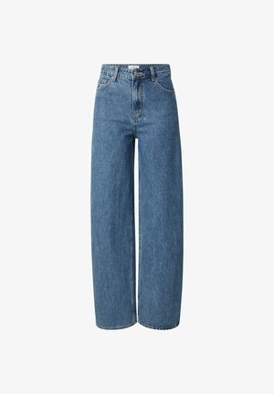 Wijduitlopende, lichtblauwe denim jeans met een hoge taille. Bevat traditionele vijfzakkenstijl, riemlussen en een ritssluiting met knoopsluiting.