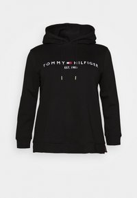 Zwarte hoodie van een katoenmix, met een witte logoprint en trekkoorden, en ribbelboorden aan de mouwen en onderkant voor comfort.