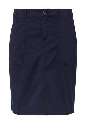 Navy blue knee-length skirt made of cotton with a smooth texture. Features two side pockets and a button closure at the waistband.