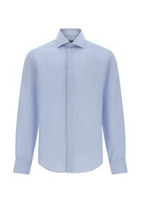 Gaiši zils svītrains krekls, izgatavots no mīksta auduma, ar klasisku apkakli, garām piedurknēm un pogu aizdari. Iezīmējas ar šaurām baltām svītrām visā krēklā.