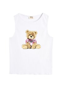 Camiseta sin mangas blanca con un gráfico de oso de peluche y el texto "GOOD VIBES" en rosa. Textura acanalada, diseño casual.
