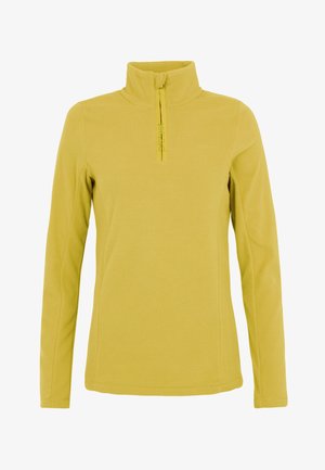Keltainen fleece-pullovari puolivilla-kolarilla, pitkissä hihoissa ja sileässä tekstuurissa. Täydentää pieni logo rinta-alueella.