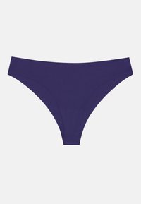 Paarse bikini onderstuk gemaakt van een gladde stof, met een minimalistisch ontwerp, een lage taille en schone naden. Geen patronen of accenten.