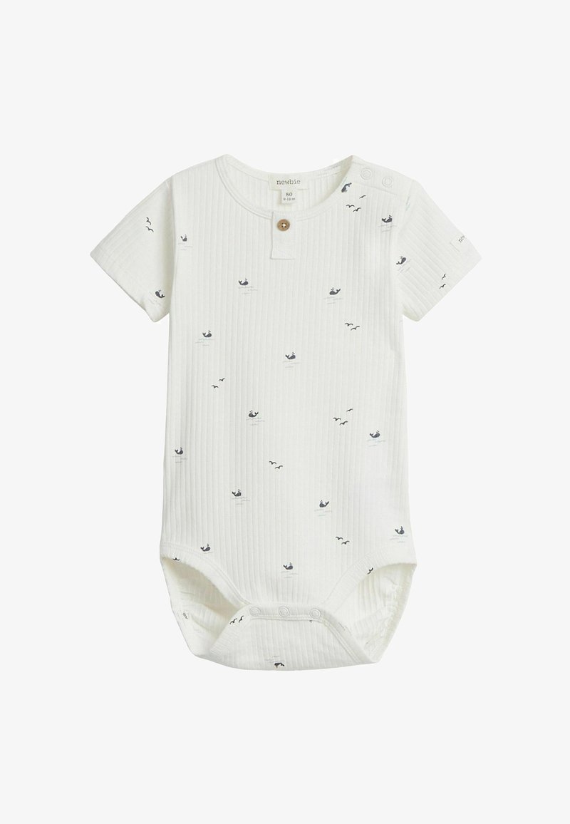 Kurzärmeliges Baby-Body aus geripptem weißen Stoff, mit kleinen Druckmotiven von einem marineblauen Wal und Vögeln, Knopfdetail an der Schulter und Druckknopfverschluss am Boden.