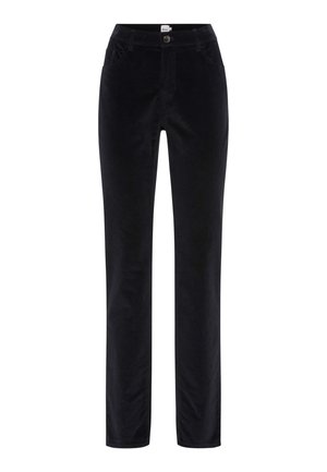 Pantaloni in corduroy neri con design a gamba dritta, dotati di tasche frontali, chiusura con bottone e tessuto testurizzato per un tocco di dettaglio in più.
