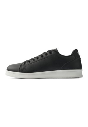 Black synthetic sneakers with a smooth texture, rounded toe, white sole, and six eyelet lacing system. Minimalist design with logo detail on heel.