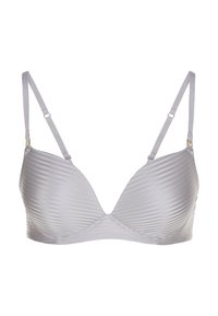 Reggiseno grigio in satin con una texture liscia, scollo a V e strisce verticali. Spalline regolabili con dettagli del logo e accenti di cucitura discreti.