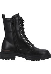 Stivale da combattimento in pelle nera con stringhe frontali, cerniera laterale, suola spessa e linguetta sul retro.