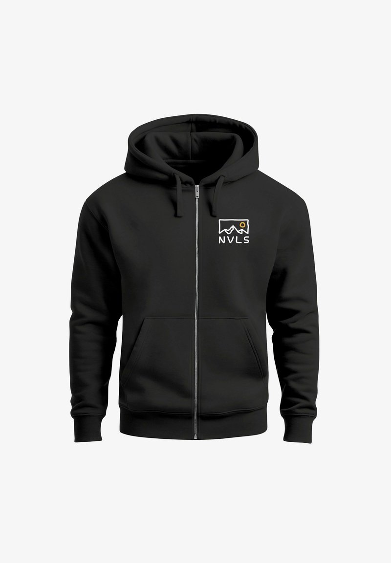 Black zip-up hoodie made of soft fabric featuring a front pouch pocket and a logo on the left chest with mountain and sun graphics.