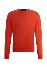 Roter Pullover mit Rundhalsausschnitt, langen Ärmeln und gerippten Bündchen. Hergestellt aus glattem Material, einfarbig und ohne sichtbare Muster oder Akzente.