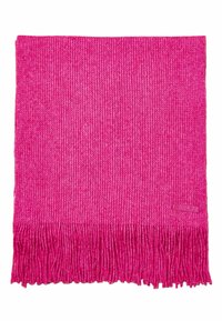 Růžová pletená šála s třásněmi na okrajích a jemným texturovaným vzorem. Na jedné straně je viditelná značková etiketa "JOULES".