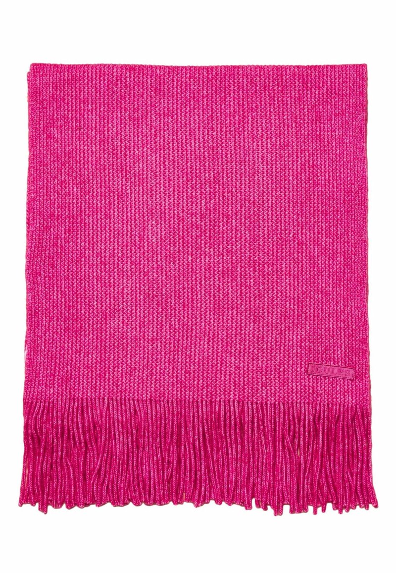 Růžová pletená šála s třásněmi na okrajích a jemným texturovaným vzorem. Na jedné straně je viditelná značková etiketa "JOULES".