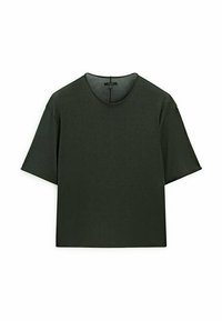 Mørkegrøn kortærmet cropped T-shirt med rund halsudskæring og et synligt lille mærke bagpå.