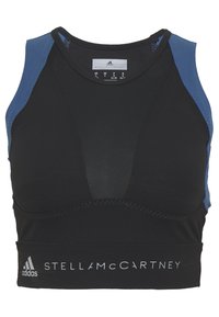 Svart sport-bh med blå axeldetaljer. Har en luftig meshpanel, elastisk band med "STELLΑMCCΑRTNEY" och Adidas-logotyp.