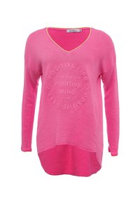 Felpa a maniche lunghe con scollo a V di un vivace rosa, caratterizzata da testo in rilievo "POSITIVE LIFE", con accenti gialli sul colletto e sull'orlo.