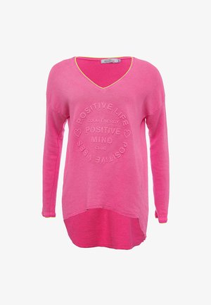V-hals langærmet sweatshirt i lys pink med hævet tekst "POSITIVE LIFE" og gule accenter ved kraven og kanten.
