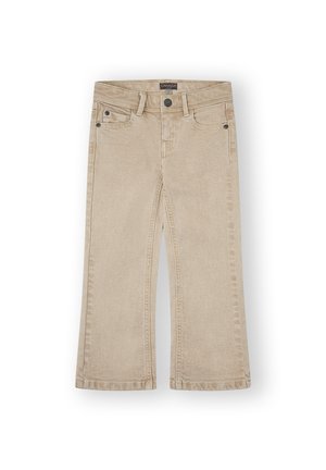 Jeans acampanados beige fabricados en denim, con un diseño clásico de cinco bolsillos, cierre frontal de botón y cremallera, y detalles de costura en contraste.