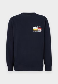 Marineblå hettegenser med lange ermer, rund hals, prydet med en flerfarget grafisk logo på brystet. Laget av bomullsmateriale.