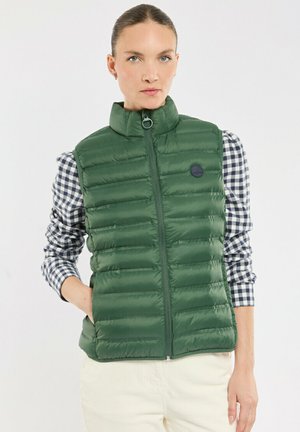 Femme portant un gilet matelassé sans manches vert par-dessus une chemise à carreaux bleue et blanche, debout avec une main dans la poche sur fond blanc.