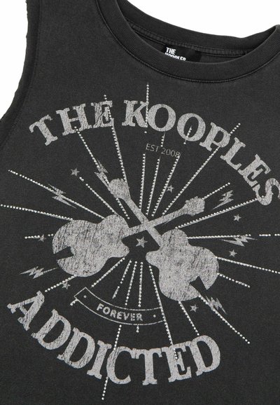 Zwarte mouwloze T-shirt van katoen met een zilveren grafisch ontwerp van gitaren, sterren en bliksemschichten, gelabeld "THE KOOPLES ADDICTED."
