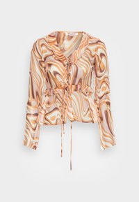 Blusa transparente com um decote em babados, mangas longas e cintura ajustável com cordão. Apresenta um padrão espiral em tons de laranja, castanho e creme.