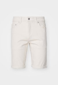 Džínové kraťasy ve slonovinové barvě se zakulacenými lemy, předním knoflíkem, zipovým zapínáním, poutky na opasek a pěti kapsami.