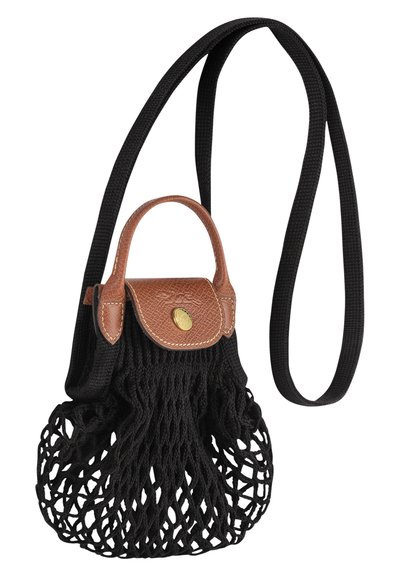 Black netted handbag with brown leather accents. Features a small top handle, long adjustable strap, and golden logo detail on the flap.