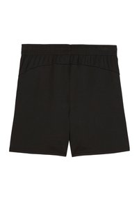 Zwarte sportieve shorts met een elastische tailleband, een gladde textuur en een eenvoudig ontwerp. Geen zichtbare zakken of versieringen.