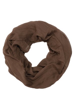 Brown infinity scarf made of lightweight, soft fabric with a slightly crinkled texture. Circular shape, no visible hardware or patterns.
