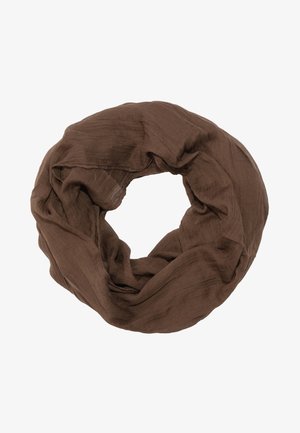 Brauner Infinity-Schal aus leichtem, weichem Stoff mit leicht zerknitterter Textur. Kreisform, ohne sichtbare Hardware oder Muster.