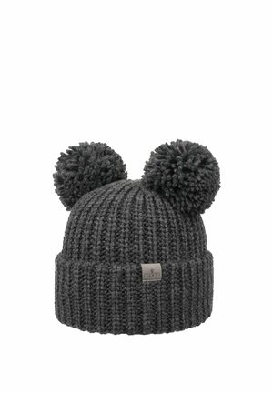 Dark gray knitted beanie with two large pom-poms on top and a folded cuff featuring a small rectangular fabric label.