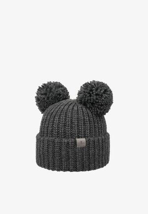 Dark gray knitted beanie with two large pom-poms on top and a folded cuff featuring a small rectangular fabric label.