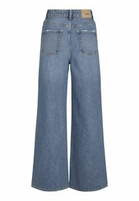 Svijetlo plave traperice širokih nogavica izrađene od denima, s visokim strukom, pet džepova i blagim stradanjem na stražnjim džepovima.