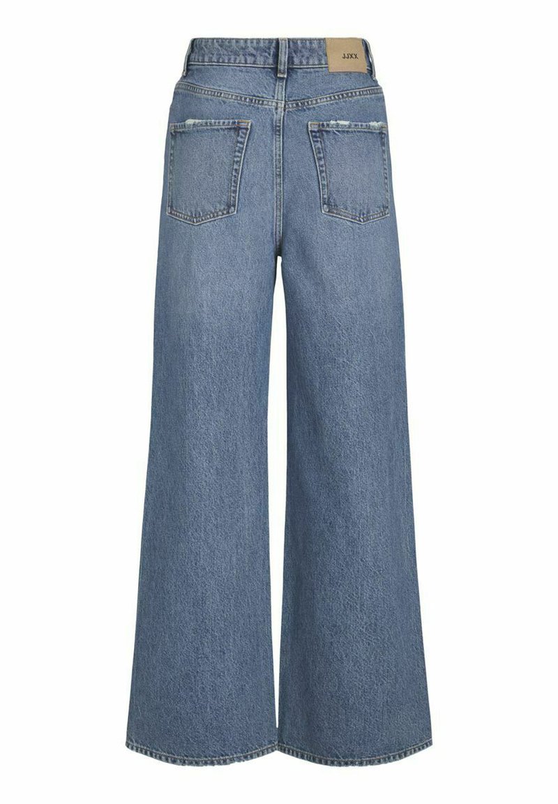 Jeans ampi di colore blu chiaro realizzati in denim, con vita alta, design a cinque tasche e leggeri strappi sulle tasche posteriori.