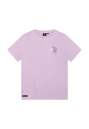 T-shirt en coton lilas à manches courtes et coupe décontractée. Présente un imprimé graphique avec du texte et un motif de palmier sur le devant.