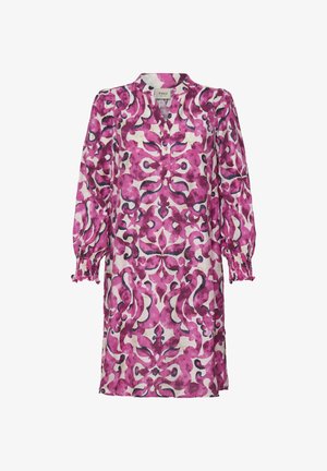 Šaty s kvetinovým vzorom v ružovo-bielej farbe, s rozopínateľným výstrihom do V na gombíky a dlhými naberanými rukávmi s elastickými manžetami, vyrobené z ľahkej látky.