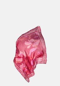 Zijden sjaal met een roze bloemenpatroon in verschillende tinten roze en een rode geometrische rand. Lichtgewicht en gestructureerde stof.