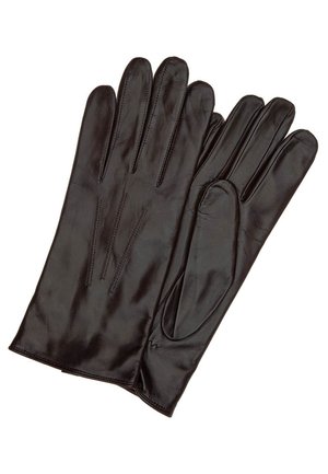 Black leather gloves featuring a smooth texture, classic design, five fingers, and subtle stitching details on the back.
