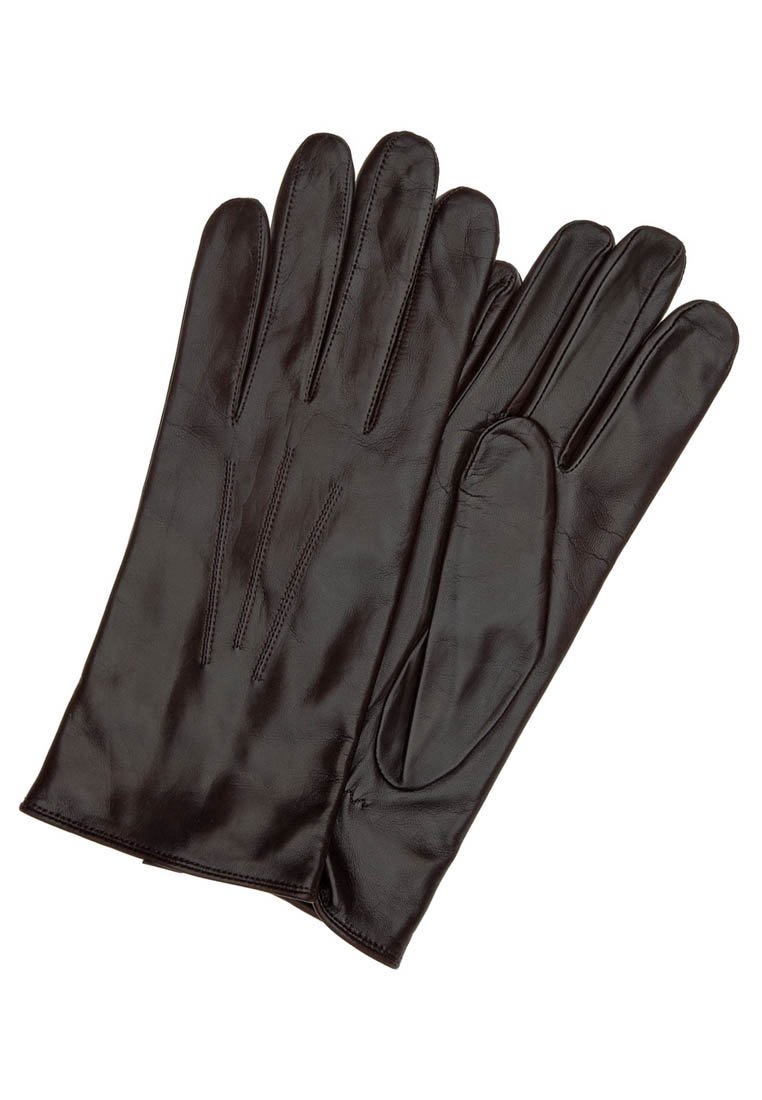 Black leather gloves featuring a smooth texture, classic design, five fingers, and subtle stitching details on the back.