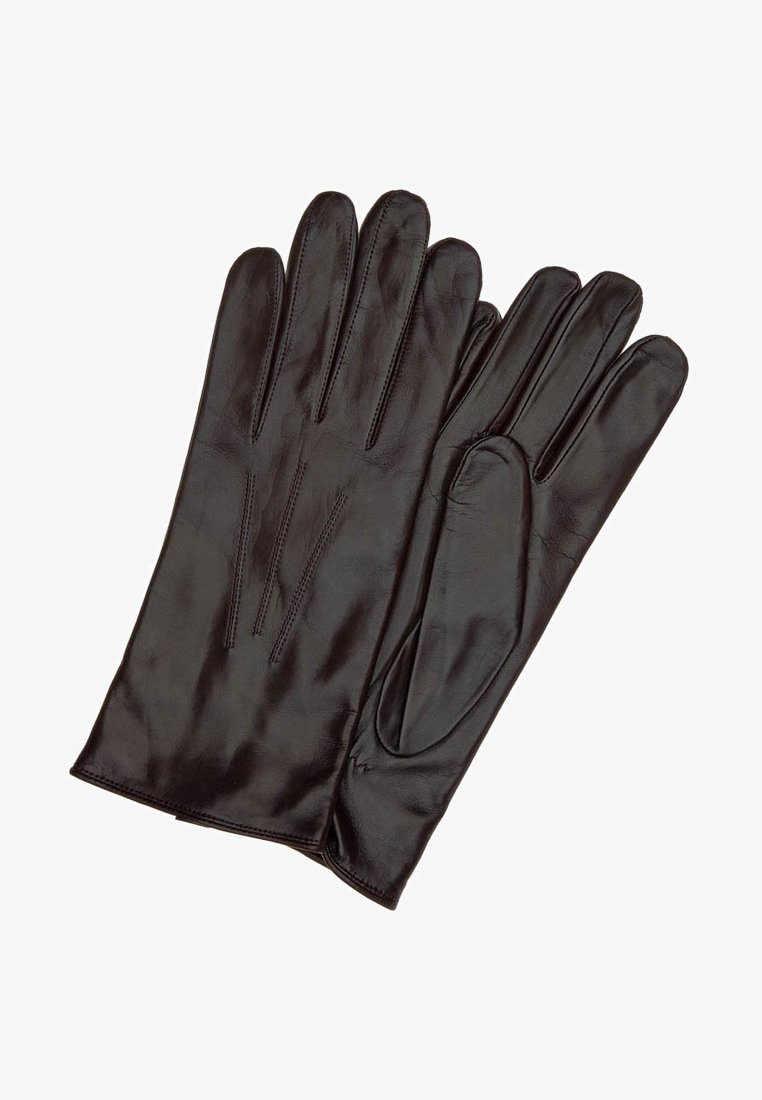 Black leather gloves featuring a smooth texture, classic design, five fingers, and subtle stitching details on the back.