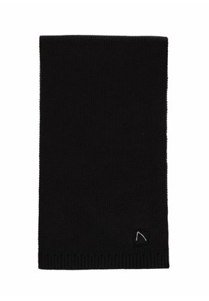 Schwarzer Strickhalswärmer mit gerippter Textur und einem kleinen Emblem in einer Ecke. Aus weichem Material für Komfort und Wärme gefertigt.