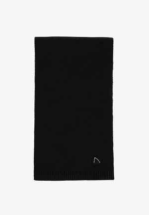 Zwarte gebreide nekwarmer met ribbeltextuur en een klein embleem in één hoek. Gemaakt van zacht materiaal voor comfort en warmte.