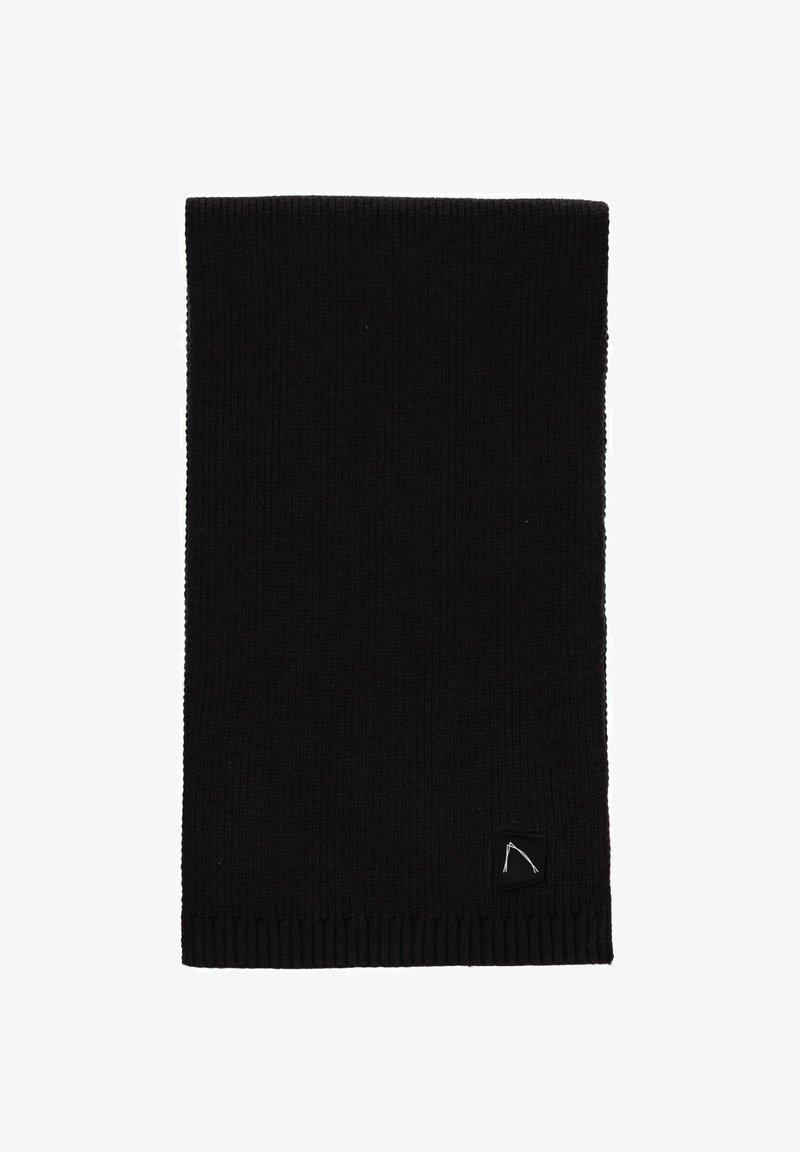 Črn pletena zaščita za vrat z rebrasto teksturo in majhnim emblemom v enem kotu. Narejena iz mehkega materiala za udobje in toploto.