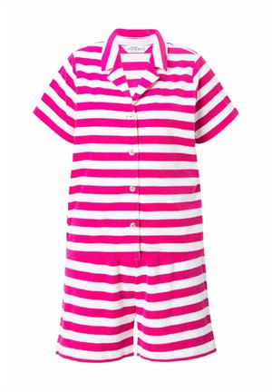Růžový a bílý pruhovaný krátký rukáv s límečkem, zapínání na knoflíky vpředu a dvěma předními kapsami, vyrobený z měkké látky.
