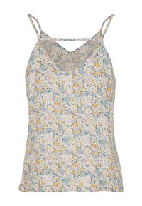 Bloemen topje met v-hals, verstelbare spaghettibandjes en een pastelkleurig palet met blauwe, roze, gele en witte bloemen.
