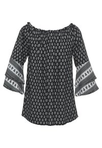 Blusa nera a spalle scoperte con stampa floreale bianca, caratterizzata da maniche a campana con dettagli a fantasia e una scollatura arricciata per un fit rilassato.