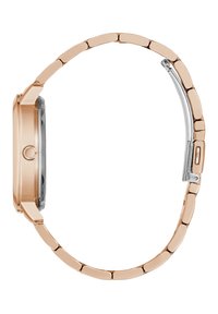 Orologio in metallo color oro rosa con accento argentato. Presenta una cassa rotonda, bracciale a maglie e un quadrante in vetro trasparente che mostra un quadrante scuro.