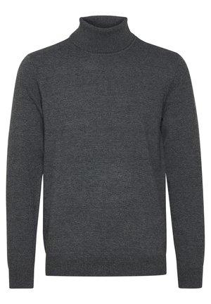 Pull en col roulé gris en tissu tricoté doux. Il dispose d'un col et de poignets côtelés, de manches longues et d'un design simple, sans embellissement.